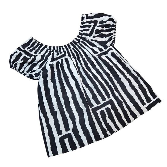 Tibi Top Silk‎ Smocked Off The Shoulder Short Sleeve Flowy Tribal Black White S - Picture 2 of 10